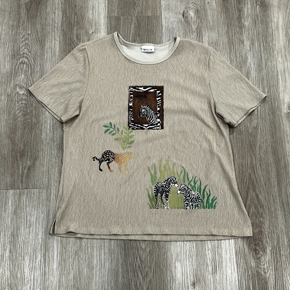 Vintage 80s 90s Jungle Safari Textured Winsome Tee T-Shirt Size Large Beige